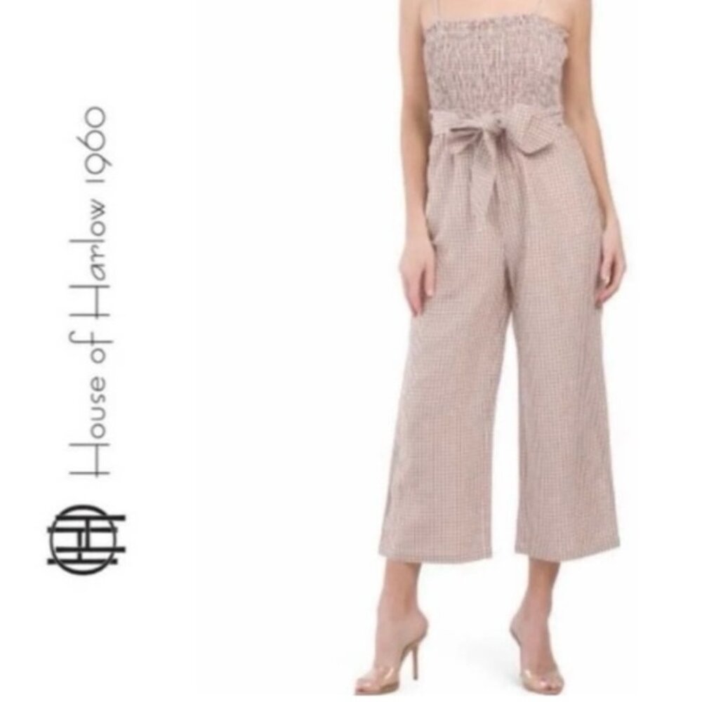House of Harlow 1960 Smocked Linen Jumpsuit – Size S, Wide-Leg Capri